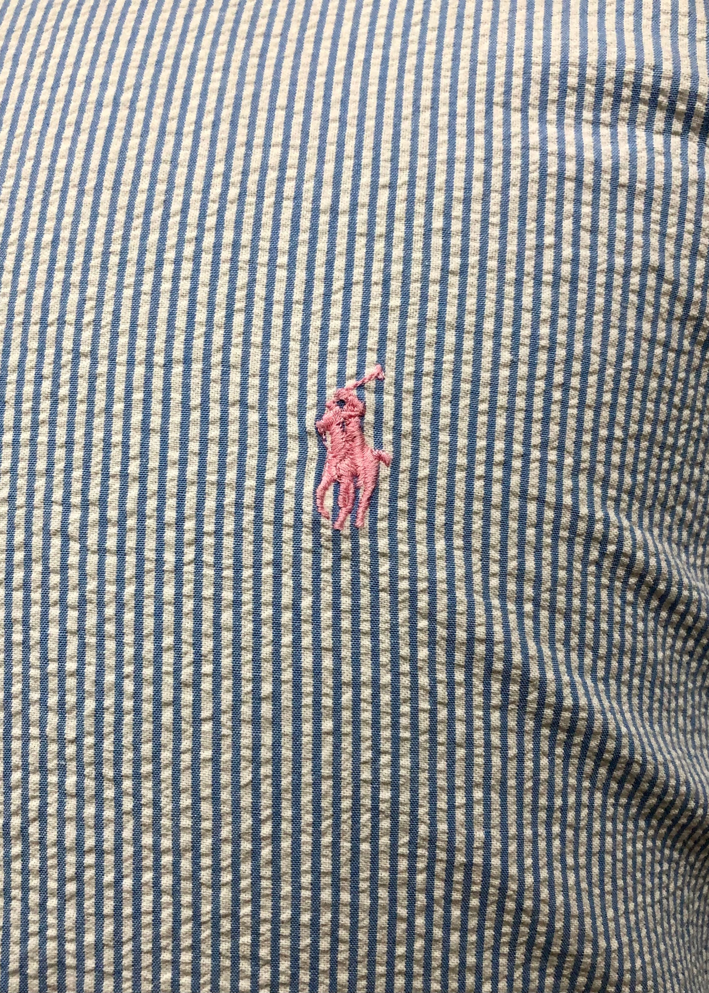 Camisa de botones Polo Ralph Lauren 🏇🏼 Seersucker de rayas en celeste y blanco Talla L Entalle Clásico