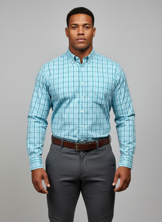 Camisa J.Crew 🇺🇸 color Celeste con cuadros en color rosado y azul Talla S (14) Entalle Slim Fit