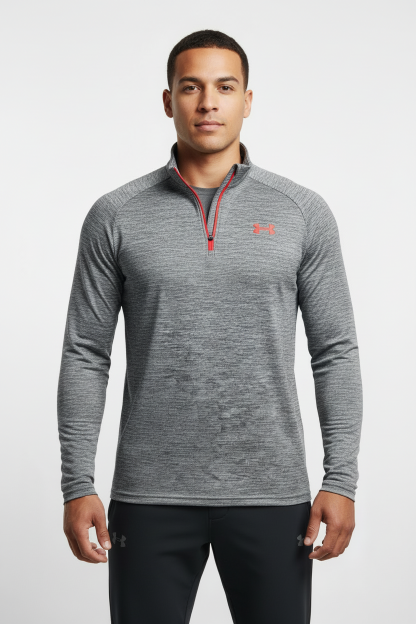Sueter Jersey Under Armour 🏋🏽 color gris degradado y logo en color rojo Talla S