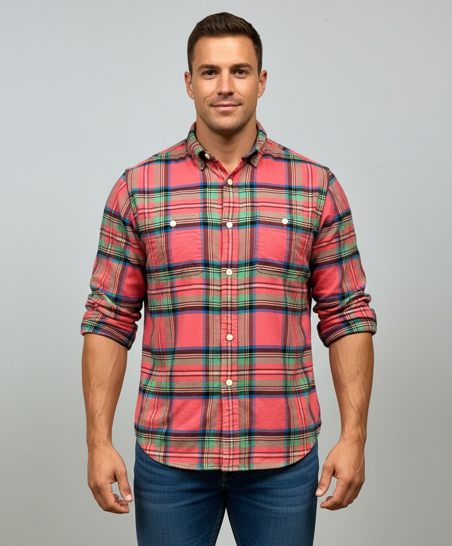 Camisa J.Crew Color rojo claro con patron de cuadros tartán azul y verde Talla M Entalle Regular