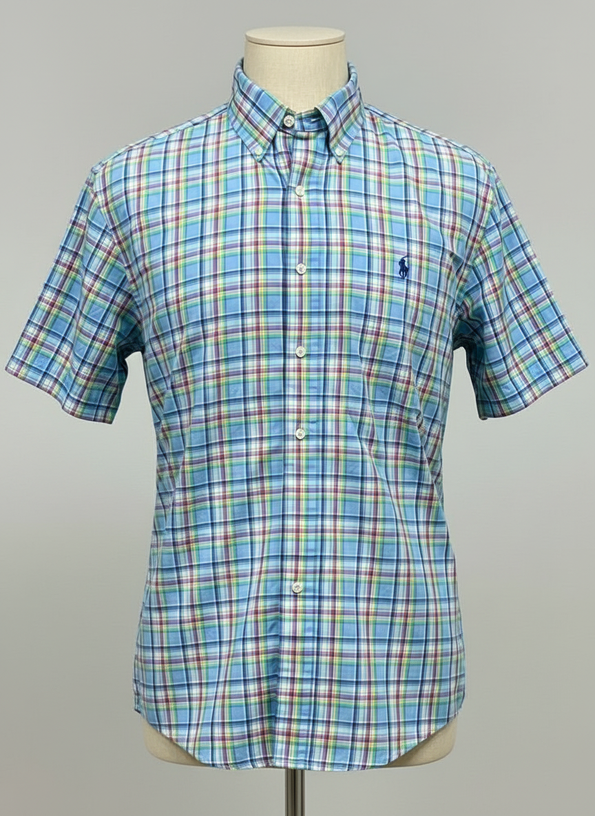 Camisa Polo Ralph Lauren 🏇🏼 color Celeste de cuadros en rosado y verde Talla M Entalle Regular