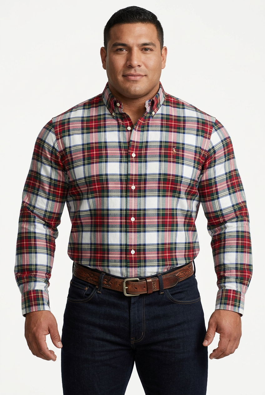 Camisa Polo Ralph Lauren 🏇🏼 Oxford con patron de cuadros rojo, verde oscuro y blanco Talla XL Entalle Clásico