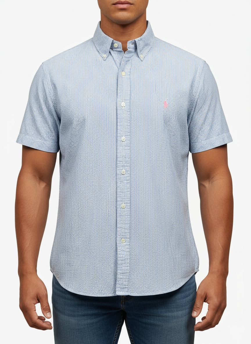 Camisa de botones Polo Ralph Lauren 🏇🏼 Seersucker de rayas en celeste y blanco Talla L Entalle Clásico