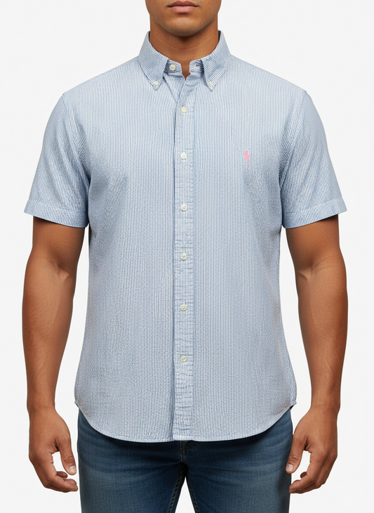 Camisa de botones Polo Ralph Lauren 🏇🏼 Seersucker de rayas en celeste y blanco Talla L Entalle Clásico