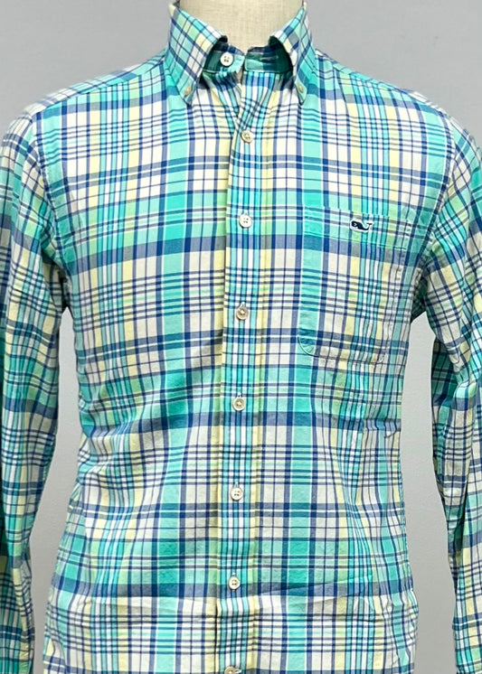 Camisa Vineyard Vines 🐳 color blanco con cuadros en color amarillo, verde y azul Talla S Entalle Slim Fit