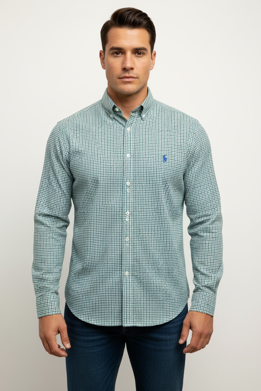 Camisa Polo Ralph Lauren 🏇🏼 color blanco de cuadros gingham azul y verde Talla S Entalle Regular
