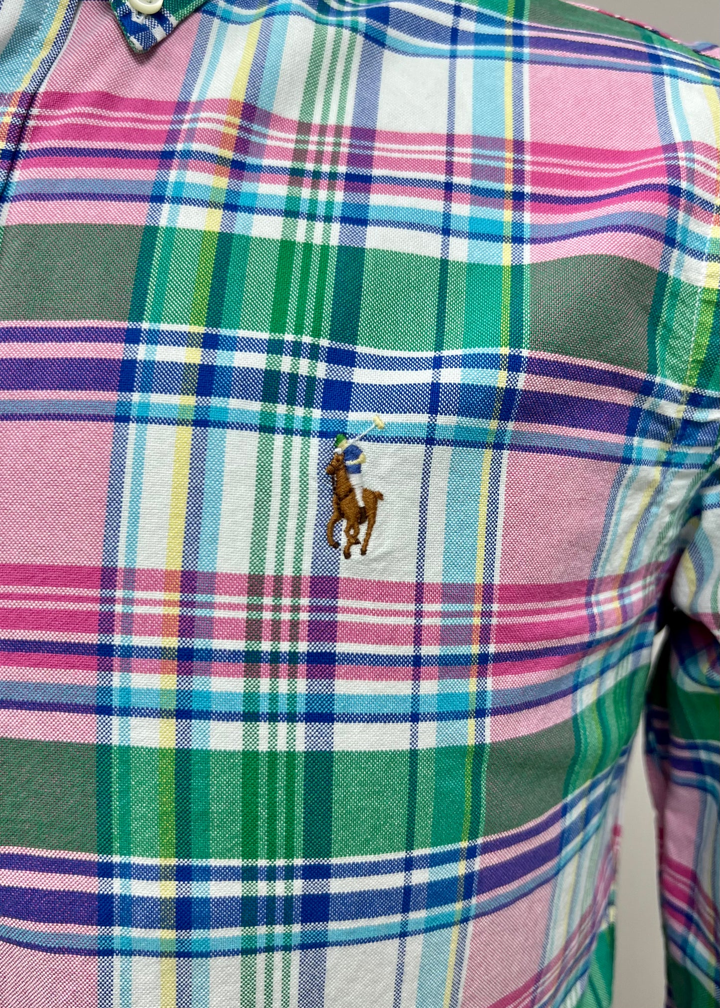 Camisa Polo Ralph Lauren 🏇🏼 Oxford de cuadros tartán en color verde, rosado, azul y blanco Talla XL Entalle Regular