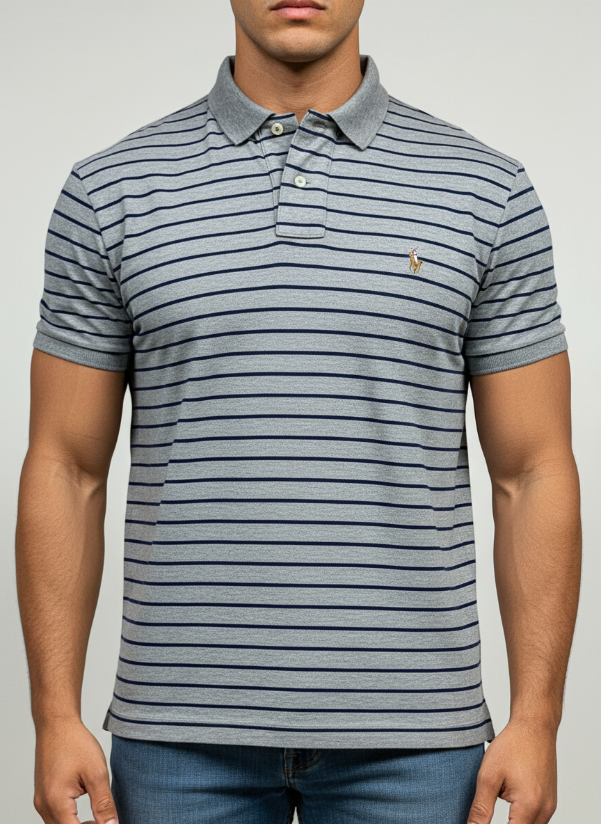 Camiseta Polo Ralph Lauren 🏇🏼 Color gris con patrón de rayas color Azul navy Talla L Entalle Regular