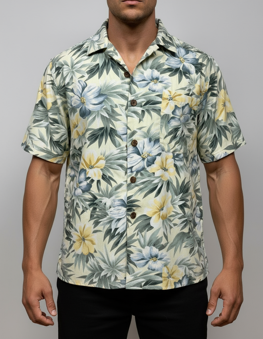 Camisa de botones Tommy Bahama 🌴 amarillo claro con diseño de hojas y flores Talla L Entalle Regular