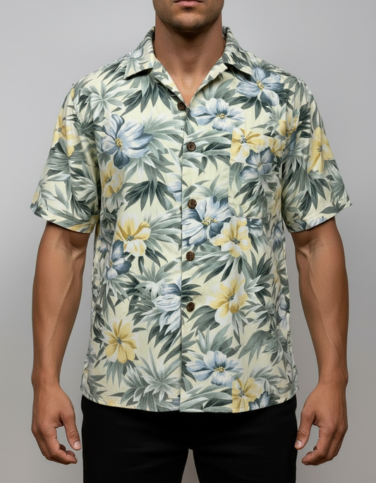 Camisa de botones Tommy Bahama 🌴 amarillo claro con diseño de hojas y flores Talla L Entalle Regular