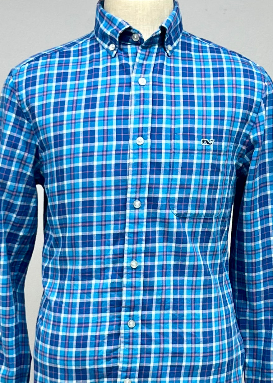 Camisa Vineyard Vines 🐳 de cuadros en color azul, celeste y rosado Talla S Entalle Clásico