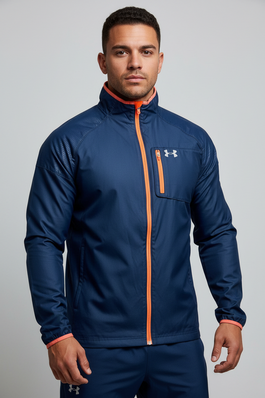 Jacket Under Armour 🏋🏽 color azul con zíper completo color naranja y logo en color plateado Talla L