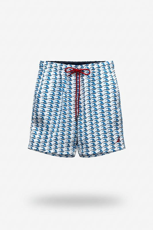 Short de baño Nautica ⚓️ color blanco con diseño de olas y logo en color rojo talla L