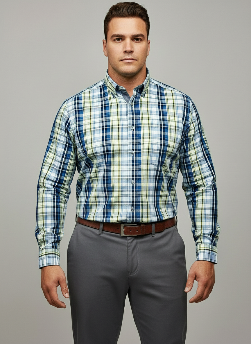 Camisa Nautica ⚓️ color blanco con cuadros en color amarillo y azul Talla S Entalle Regular