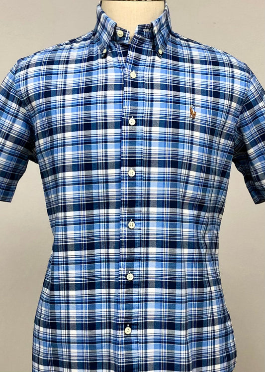 Camisa Polo Ralph Lauren 🏇🏼 con patron de cuadros tartan en color azul, celeste y blanco Talla M Entalle Regular