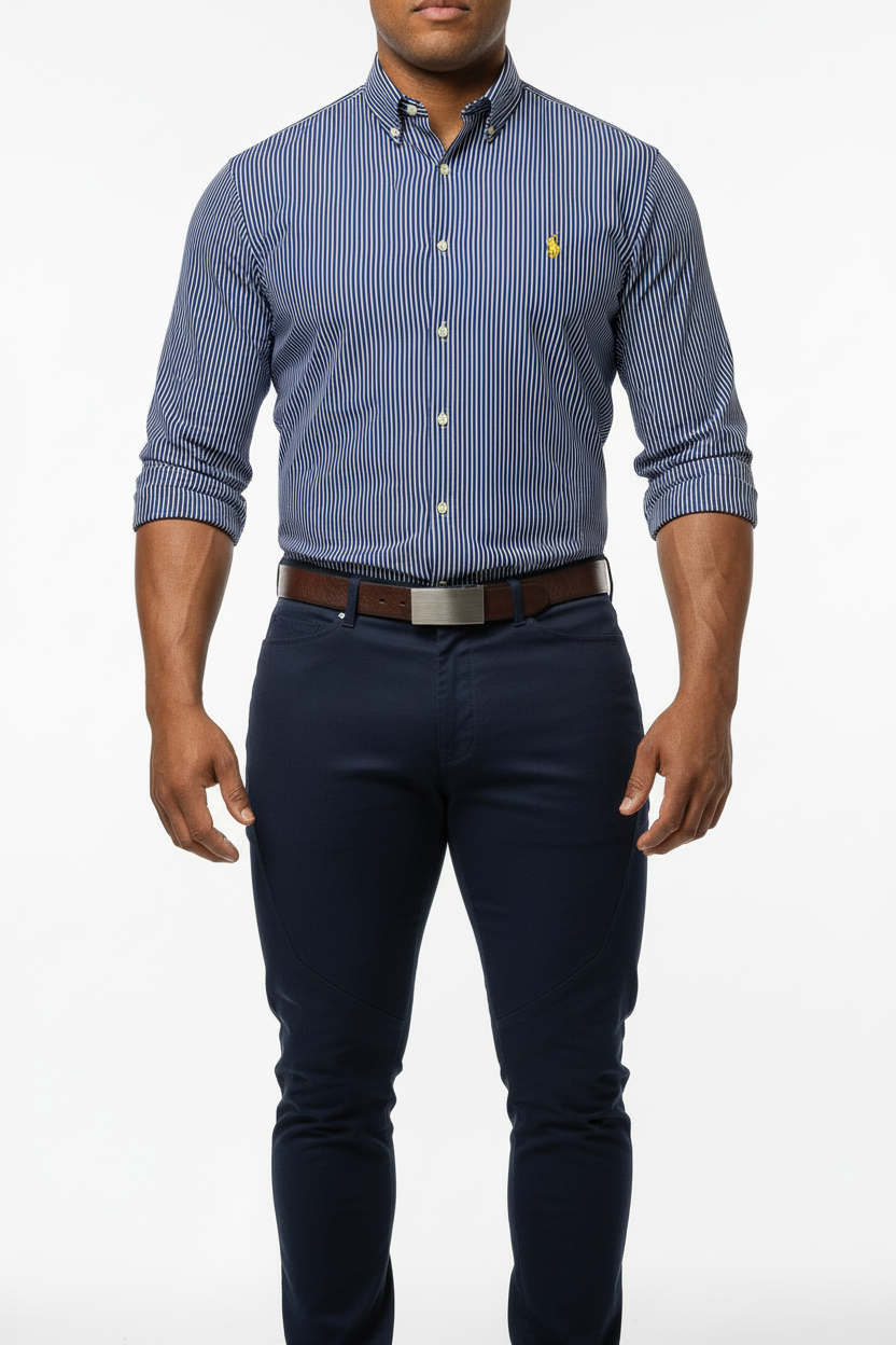 Camisa Polo Ralph Lauren 🏇🏼 con patron de rayas en color azul y blanco Talla XL Entalle Slim Fit