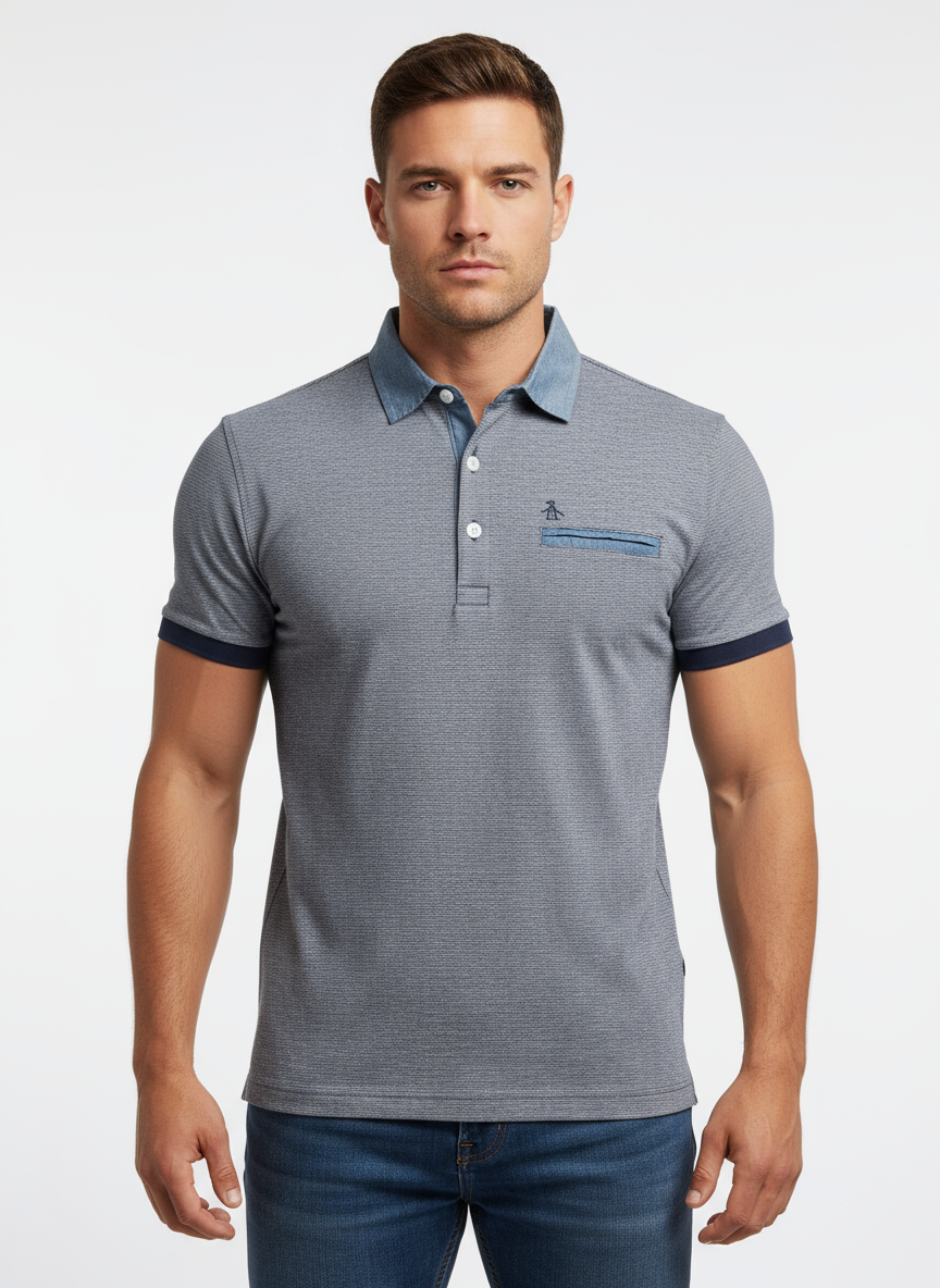 Camiseta Polo Original Penguin 🐧 de rayas finas en color azul navy y blanco Talla M Entalle Slim Fit