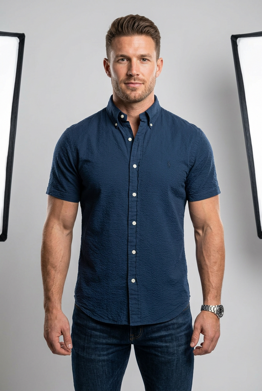 Camisa Polo Ralph Lauren 🏇🏼 Color azul navy Seersucker Talla M Entalle Clásico