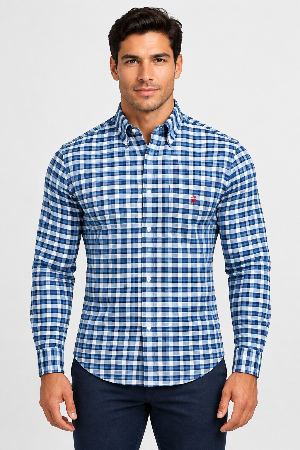 Camisa Brooks Brothers 🐑 color azul con cuadros tartán en azul navy y blanco Talla M Entalle Regular