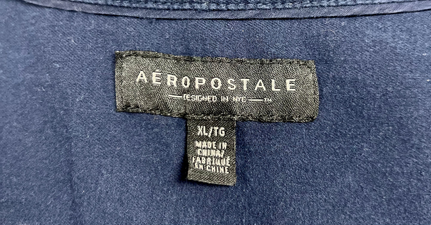 Camisa Aeropostale diseño multicolor con franja en azul navy y gris Talla XL