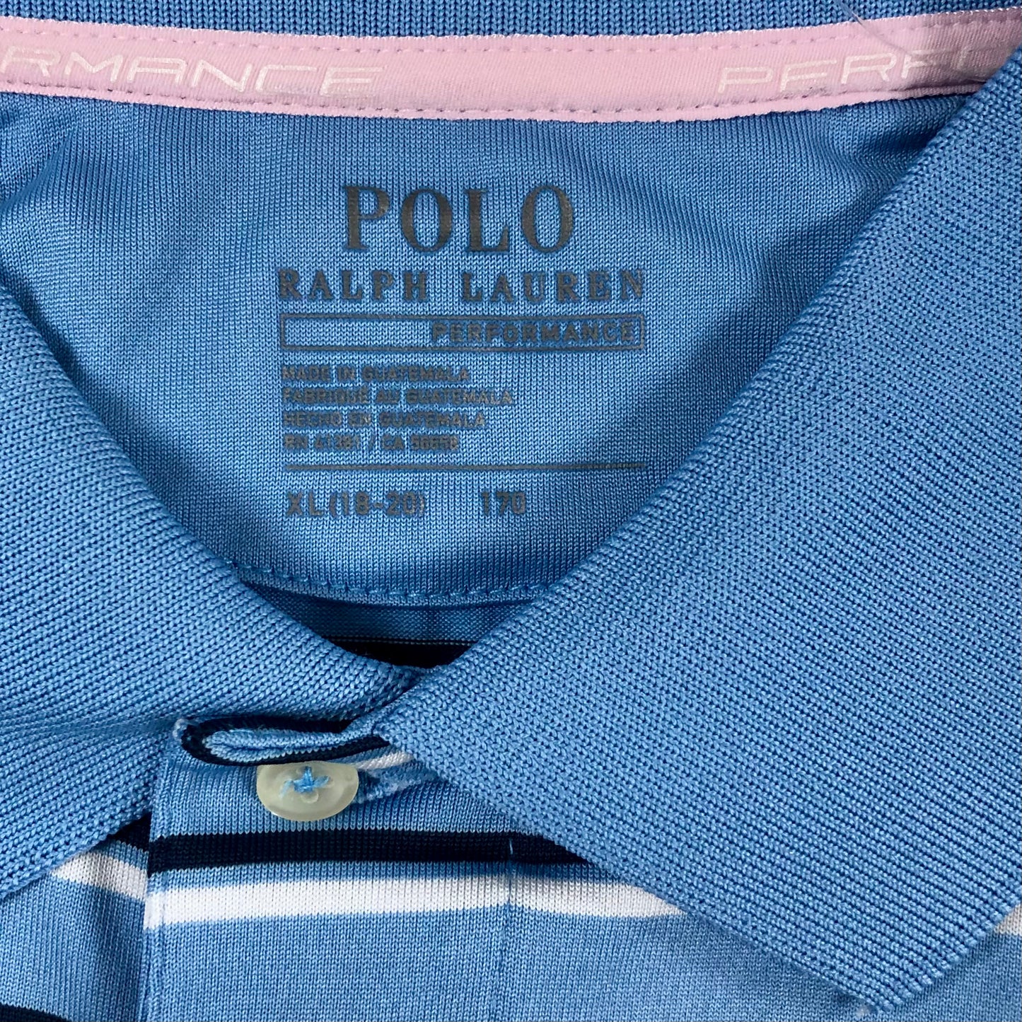 Camiseta Polo Ralph Lauren 🏇🏼 Tela performance color celeste con rayas en negro y blanco Talla S Entalle Regular