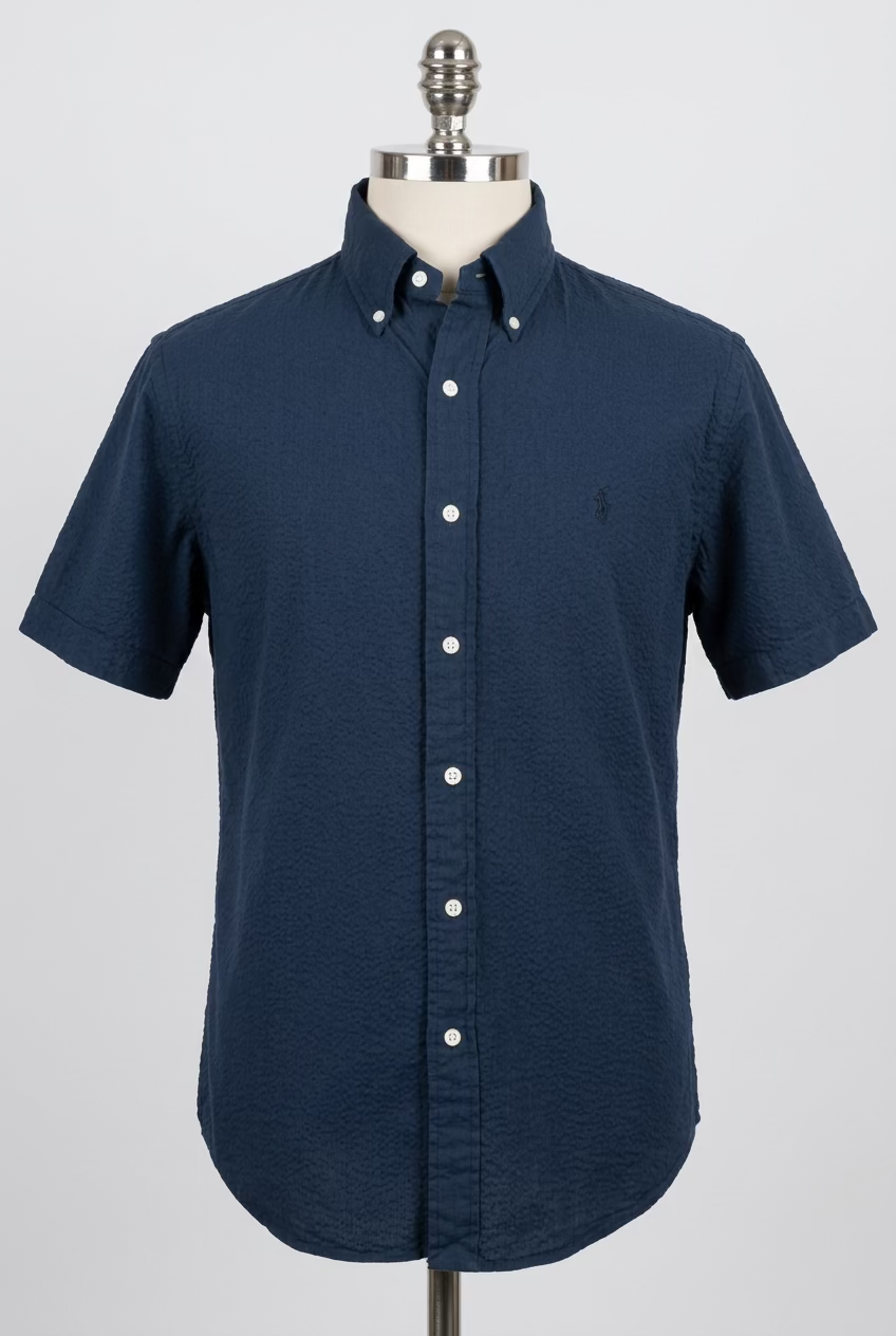 Camisa Polo Ralph Lauren 🏇🏼 Color azul navy Seersucker Talla M Entalle Clásico