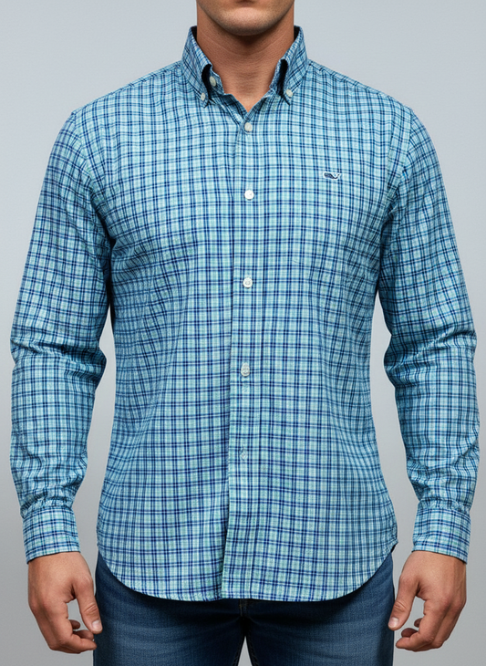 Camisa Vineyard Vines 🐳 con patron de cuadros en azul y verde Talla XS Entalle Regular