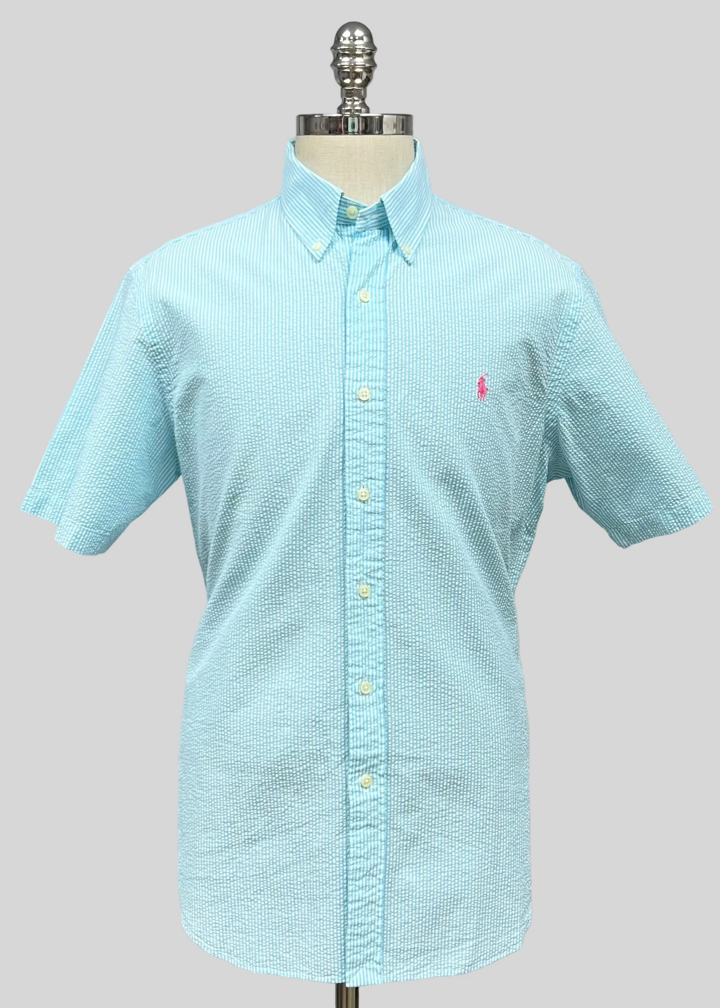 Camisa Polo Ralph Lauren 🏇🏼  Color blanco con patrón de rayas en turquesa Seersucker Talla L Entalle Regular