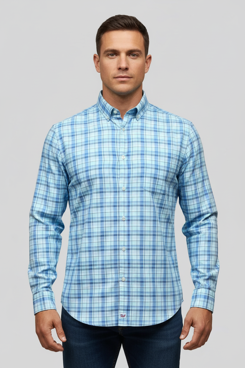 Camisa de botones Vineyard Vines 🐳 con patrón de cuadros en color celeste, azul y turquesa Talla XL Entalle Slim Fit