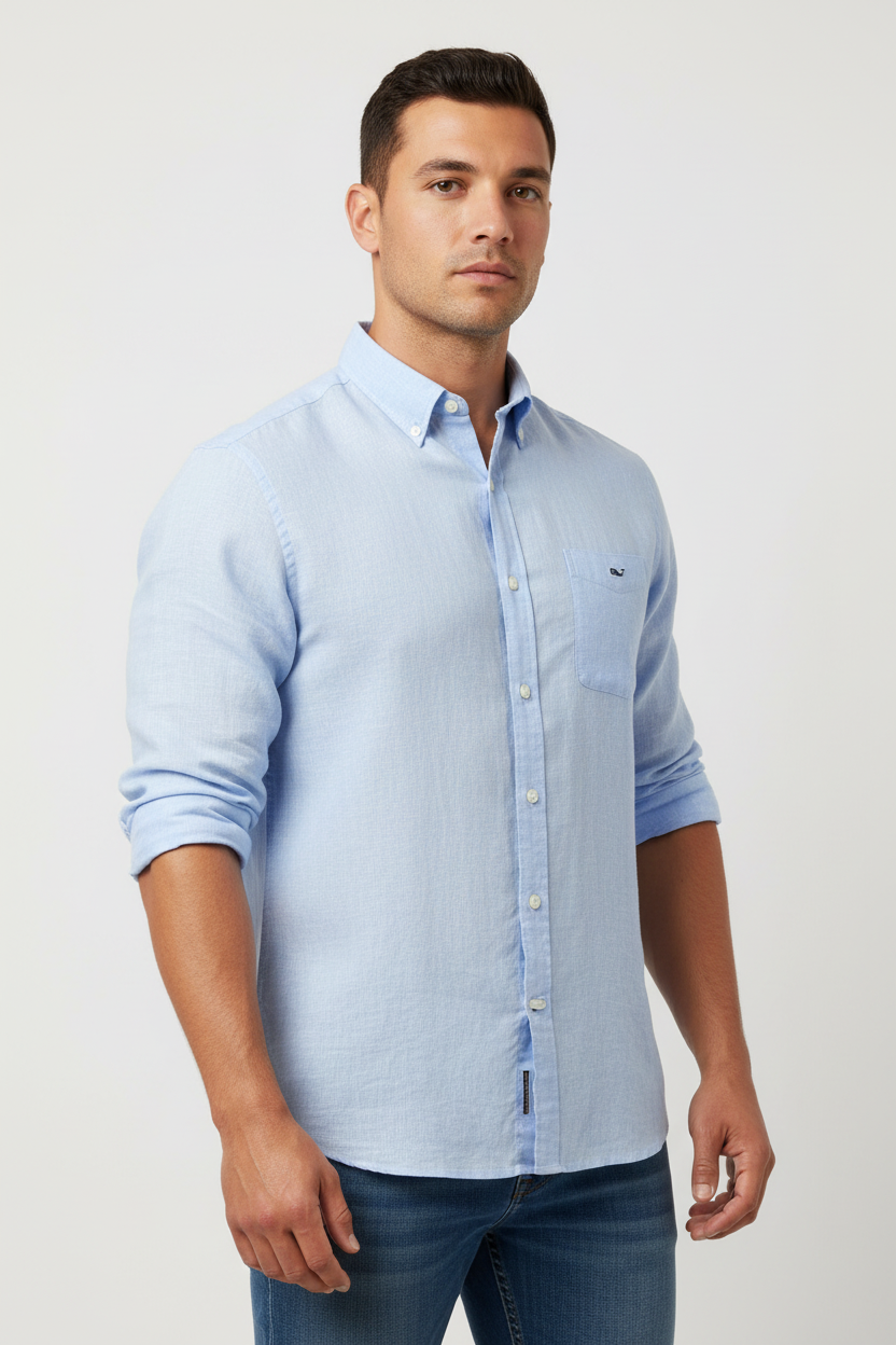 Camisa de botones Vineyard Vines 🐳 De lino con patrón de rayas en color celeste y blanco Talla L Entalle Clásico