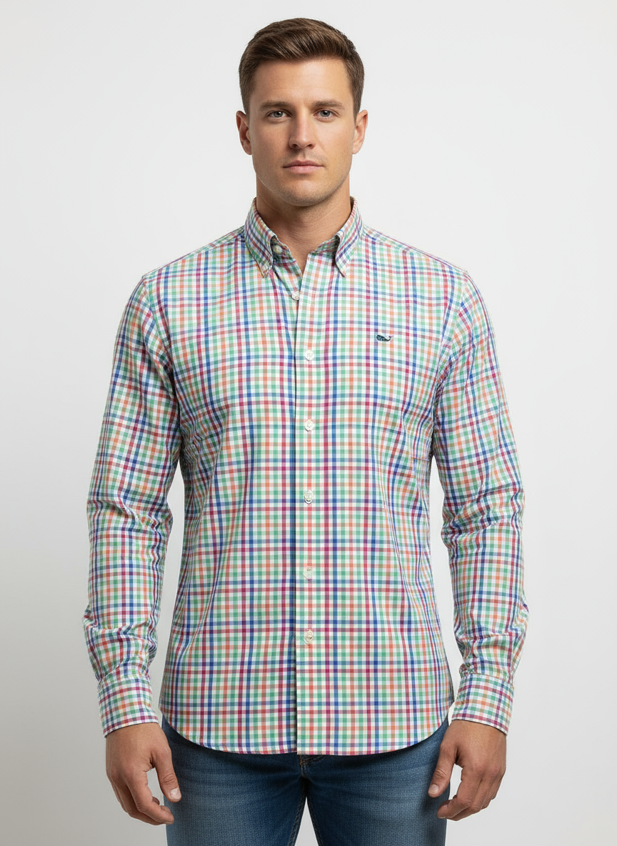 Camisa Vineyard Vines 🐳 color blanco con cuadros en multicolor Talla XS Entalle Slim Fit