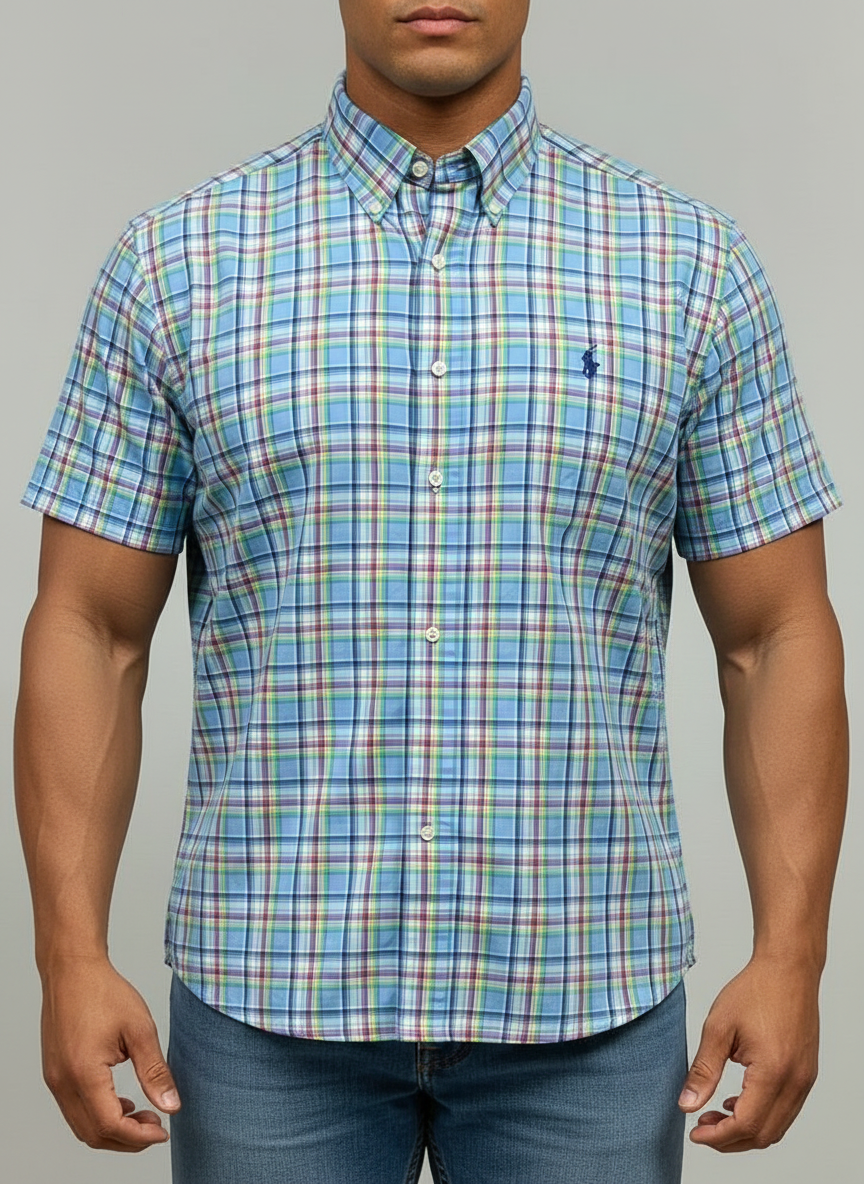 Camisa Polo Ralph Lauren 🏇🏼 color Celeste de cuadros en rosado y verde Talla M Entalle Regular
