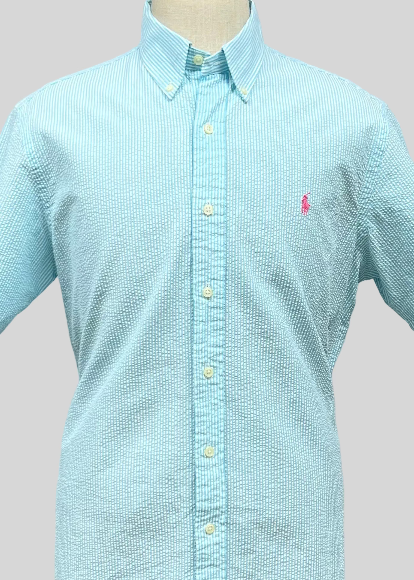 Camisa Polo Ralph Lauren 🏇🏼  Color blanco con patrón de rayas en turquesa Seersucker Talla L Entalle Regular