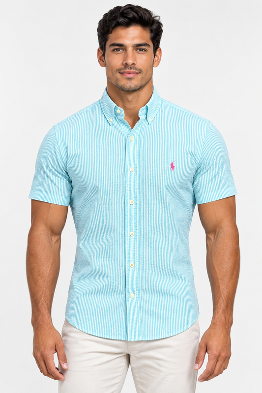 Camisa Polo Ralph Lauren 🏇🏼  Color blanco con patrón de rayas en turquesa Seersucker Talla L Entalle Regular