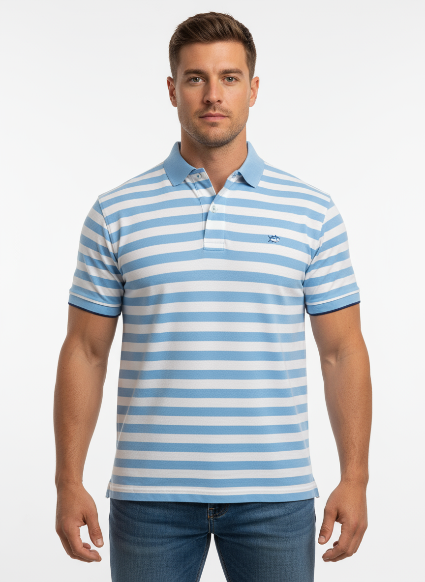 Camiseta Polo ST 🐟 con patrón de rayas color celeste y blanco Talla M Entalle Clásico