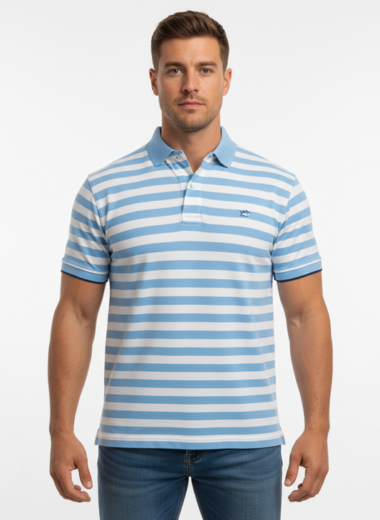 Camiseta Polo ST 🐟 con patrón de rayas color celeste y blanco Talla M Entalle Clásico