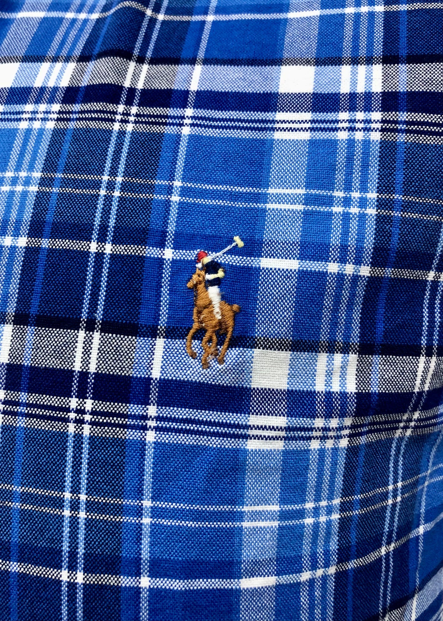 Camisa Polo Ralph Lauren 🏇🏼 Oxford con patron de cuadros tartán azul, celeste y blanco Talla L Entalle Regular