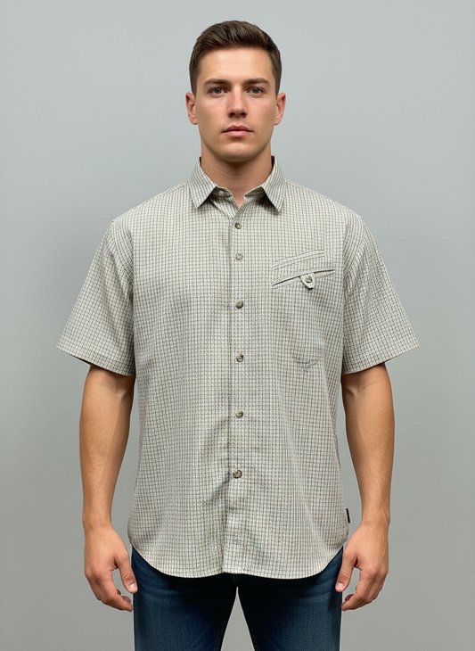 Camisa Columbia 🔹 Colección Titanium Color crema con patrón de cuadros en kaki Manga corta Talla L