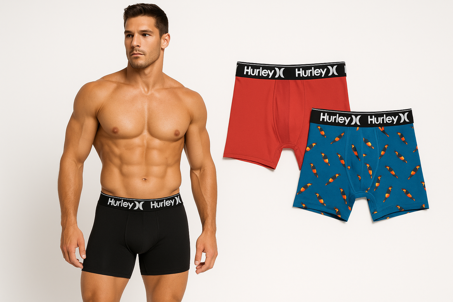 Imagen 1: Portada con modelo musculoso - boxer azul con su propio patrón únicamente