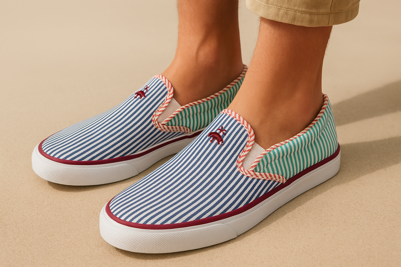 Imagen de cerca de las zapatillas de rayas con look veraniego