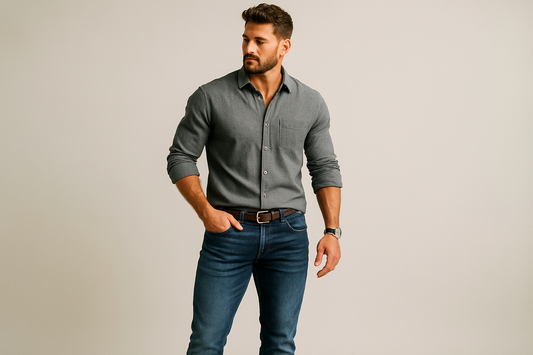 Jeans azul con modelo atlético look completo