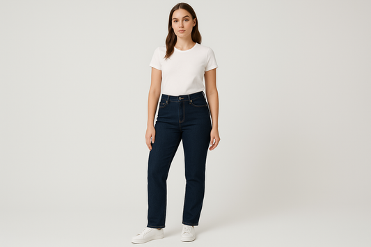 Jeans de mujer azul oscuro con modelo femenino