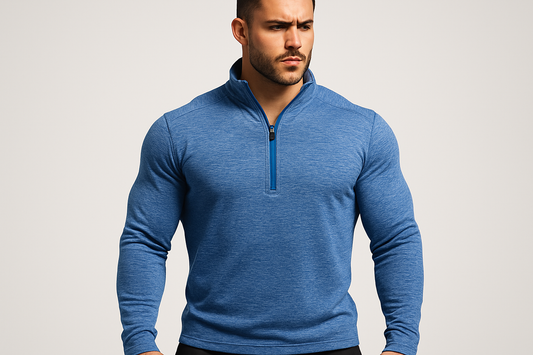 Jersey azul jaspeado con cremallera con modelo atlético