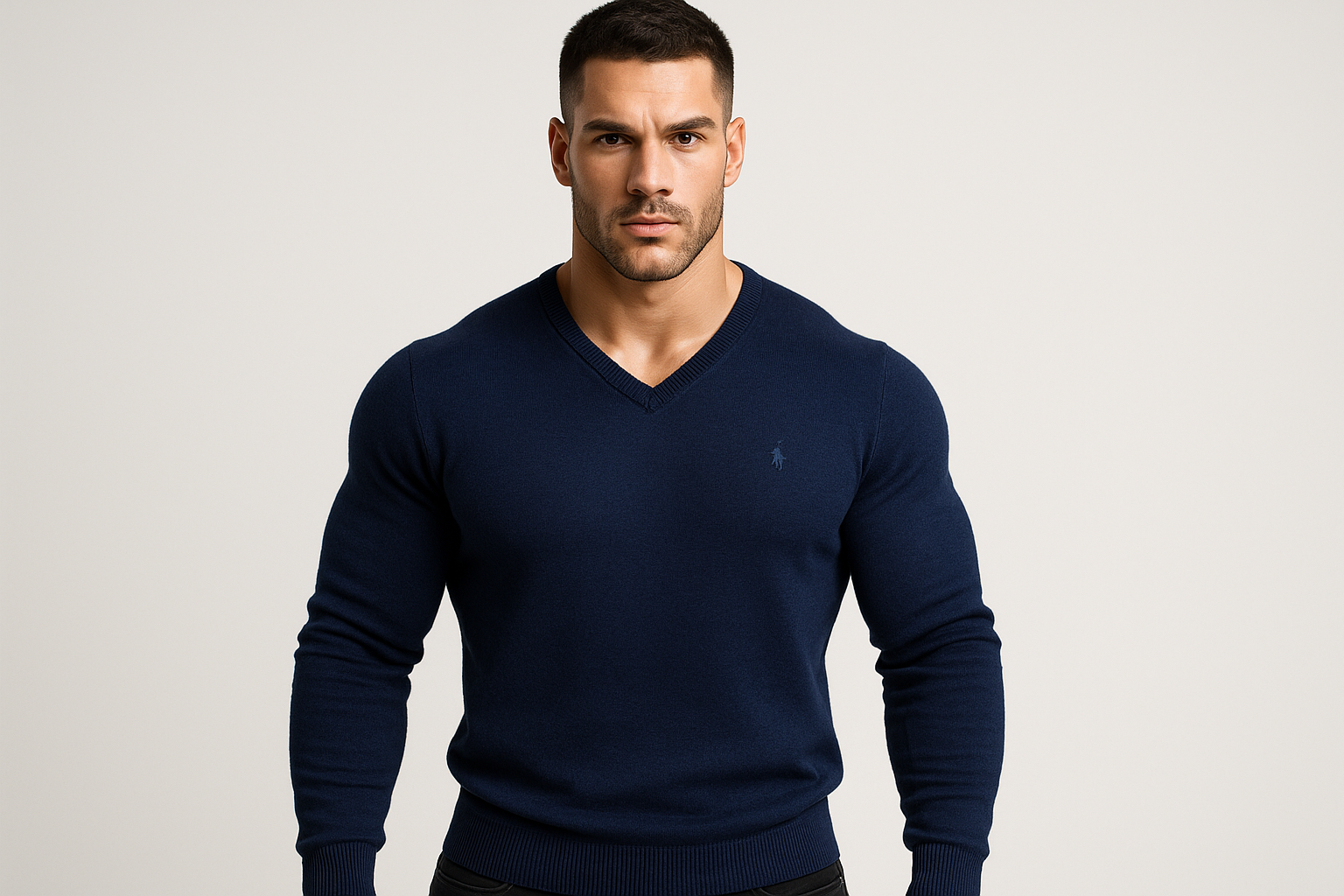 Jersey azul marino cuello V con modelo atlético