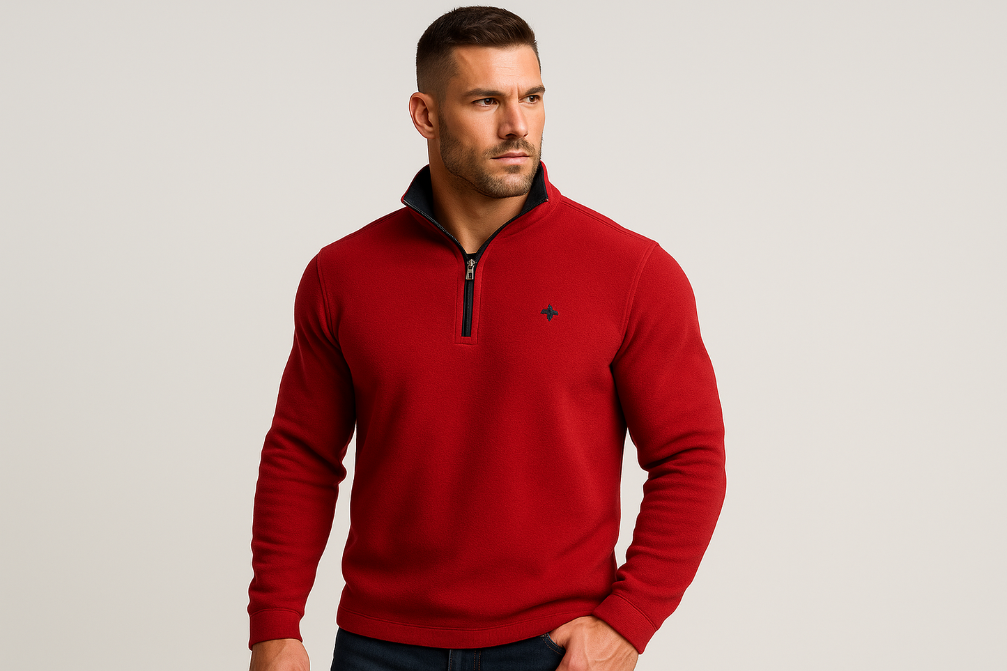 Jersey rojo con cremallera con modelo atlético