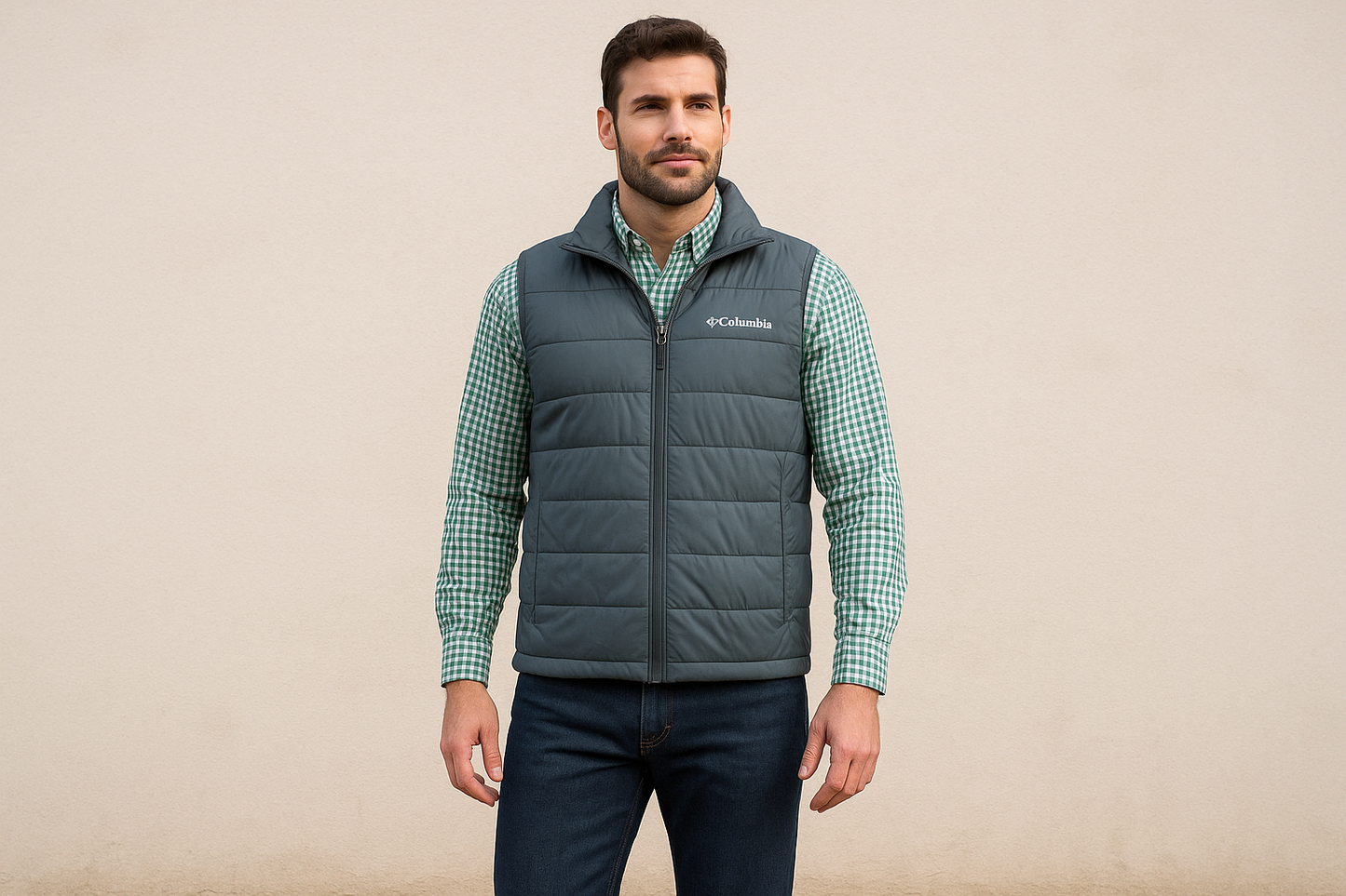 Look 1: Chaleco Columbia con jeans oscuros - Estilo outdoor casual