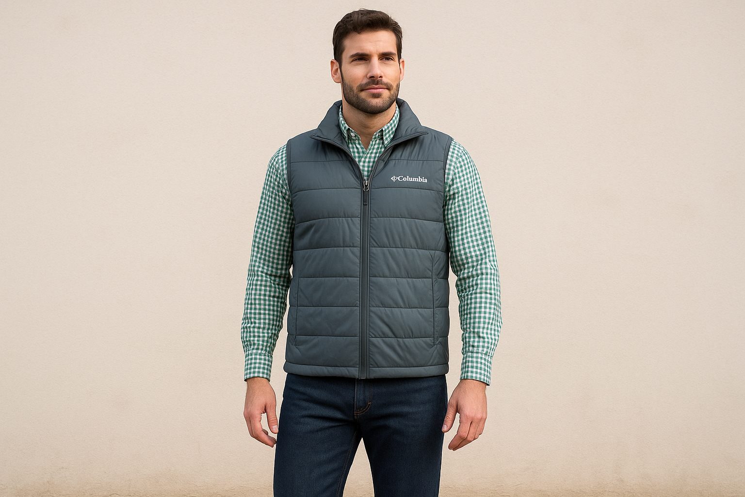 Look 1: Chaleco Columbia con jeans oscuros - Estilo outdoor casual