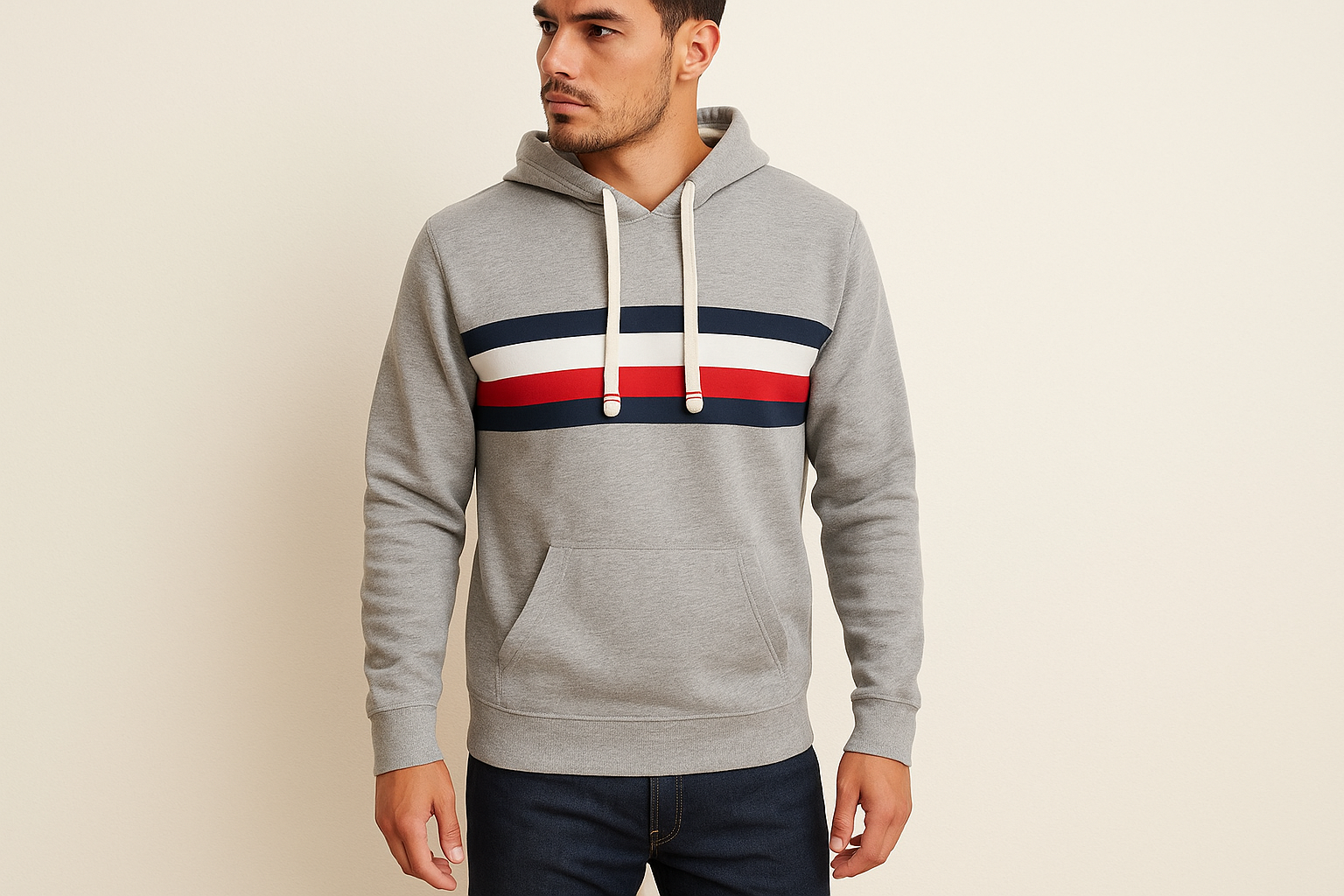 Look 1: Hoodie tricolor con jeans oscuros - Estilo casual sporty