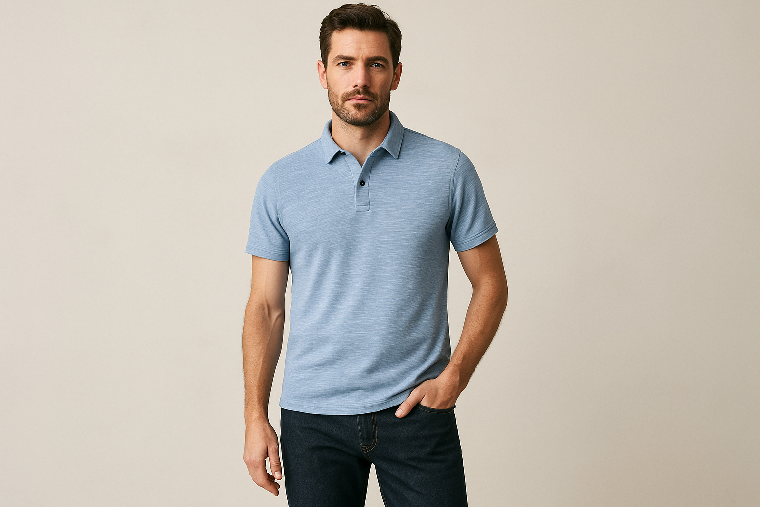 Look 1: Polo azul claro jaspeada con jeans oscuros - Estilo casual