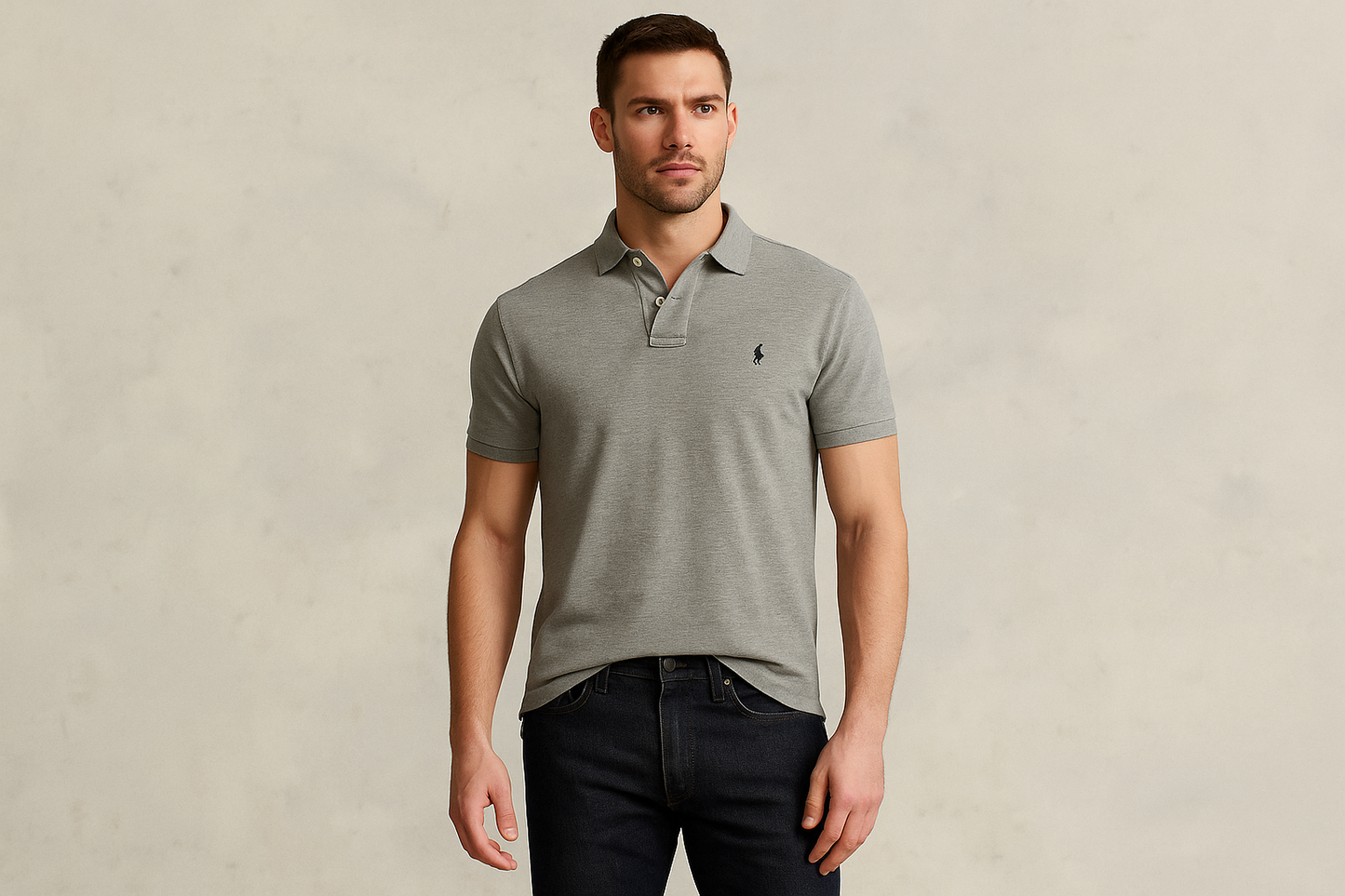 Look 1: Polo Ralph Lauren gris con jeans oscuros - Estilo classic preppy